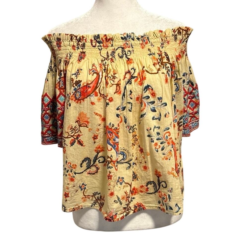MIRA Size M Off the Shoulder Shirt Top Floral Print Boho Embroidered 100% Cotton
